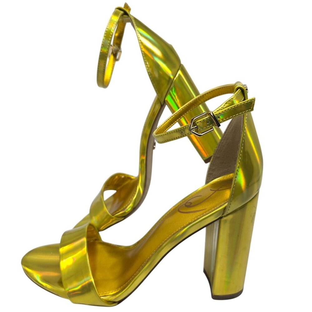 Holographic Sam Edelman Yaro Gold Ankle Strap Block Heel Sandals Womens US 7.5M